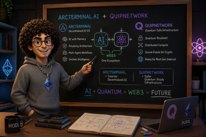 The image features a cartoon character wearing glasses and a hoodie sitting at a desk with books and a laptop. The character appears to be teaching or explaining something related to AI and Quantum computing, possibly using a chalkboard as a visual aid. The caption below the image reads "Most people still think AI and Quantum are“future tech.” But projects like ARCTerminal and QuipNetwork are already building that future today." This suggests that there is an ongoing effort to educate others about these emerging technologies, despite some people's initial resistance or misconception of their potential impact on society.