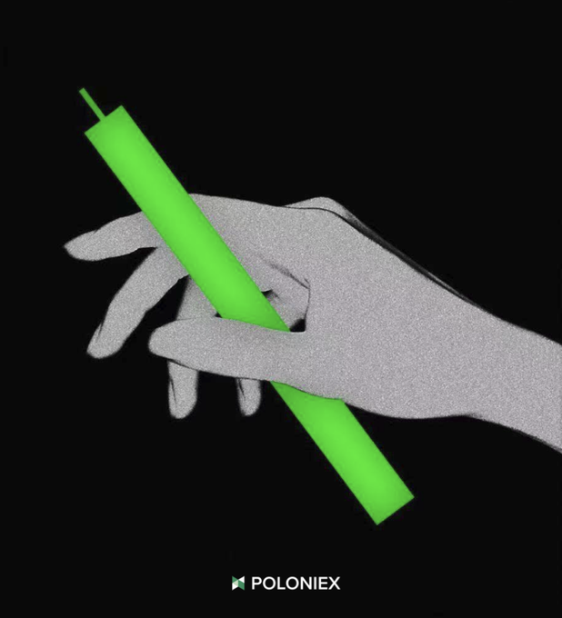 A Poloniex promotional graphic showing grayscale hands exchanging a bright green rectangular object against a black background.