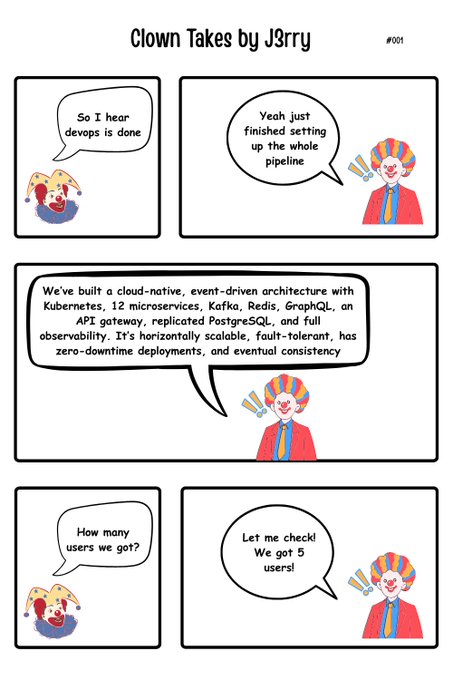 A “Clown Takes by J$RRy” comic says “devops is done,” boasts of a complex cloud-native architecture using Kubernetes, 12 microservices, Kafka, Redis, GraphQL, API gateways, replicated PostgreSQL, observability, scalability, fault tolerance, zero-downtime deployments, and eventual consistency, then reveals “We got 5 users!” This undercuts the $NEON post’s “40x” hype by mocking overengineered projects and exaggerated claims despite minimal adoption.