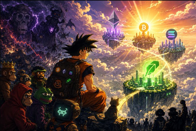 Anime-style digital illustration of a spiky-haired hero resembling Goku wearing a crypto-themed backpack, sitting on a cliff overlooking floating islands representing Ethereum, Bitcoin, Solana, and other cryptocurrencies, accompanied by various crypto mascot characters.