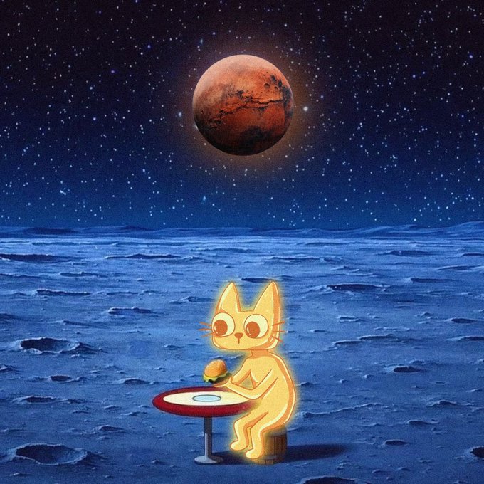 A glowing cartoon cat sits alone on a desolate moon-like landscape beneath a red planet and starry sky, holding a small burger beside a UFO-shaped table. The image's theme of a lonely, far-off diner under a distant world mirrors the post's message about being an overlooked outsider begging others to recognize value before it's too late—evoking the lonely, prophetic tone of someone urging early recognition before a missed opportunity.