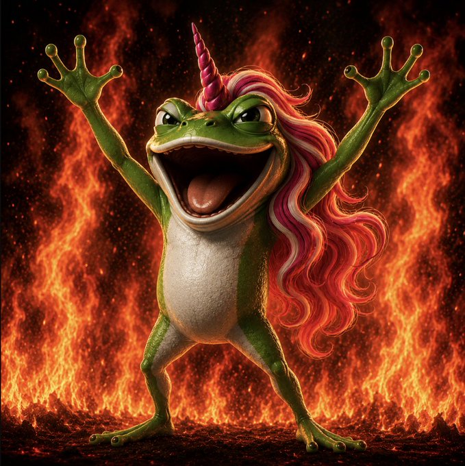 A fierce, manic unicorn-frog hybrid with a pink horn and flowing red mane stands triumphant with arms raised amid roaring flames, perfectly capturing the explosive excitement of the $UniFrog Buy+Burn sending its token "rocketing to the moon."