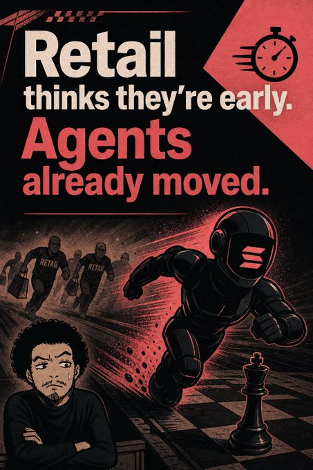 A stylized illustration shows a black-armored "agent" robot sprinting past slow-moving figures labeled "RETAIL" toward a chess king piece, with the headline "Retail thinks they're early. Agents already moved." The image visually reinforces the post's message about automated/AI agents front-running retail traders on Solana memecoins like TRUMP2028, using the racing robot metaphor to depict the speed advantage of agent-led flows over human retail investors.