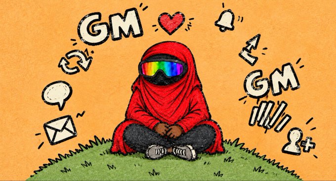 A cartoon illustration of a hooded figure wearing rainbow ski goggles sitting on grass, surrounded by "GM" (Good Morning) text and social media icons including a heart, bell, and envelope.