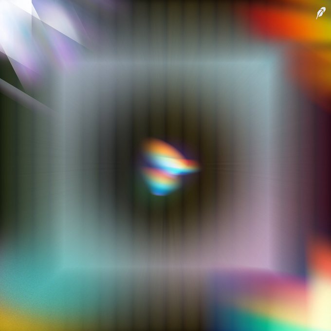 A vibrant, abstract digital artwork featuring a blurred, iridescent triangular form in the center surrounded by a rainbow gradient frame of teal, orange, purple, and yellow hues, complementing the post's announcement of free mint spots for AURA NFT holders.