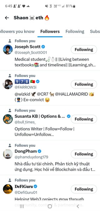 A screenshot of the social media profile "Shaon.eth" showing the Followers list, including users like Joseph Scott (@Joseph_Scott001), @FARROW3i, Susanta KB (@bull_times_), DongPham (@phamduydong179), and DeFiGuru (@DefiGuru01), with "Following" buttons visible.