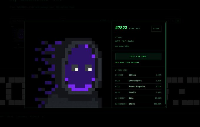 A digital NFT marketplace interface showing a pixelated purple ghost-like character (#7823) with attributes including 'Gemini' lineage, 'Ultraviolet' skin, and 'Focus Graphite' eyes.