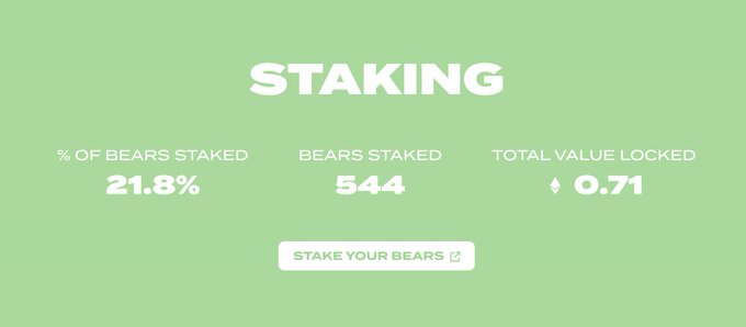 A green graphic displays "STAKING" with stats: "% OF BEARS STAKED 21.8%", "BEARS STAKED 544", and "TOTAL VALUE LOCKED 0.71", along with a "STAKE YOUR BEARS" button.