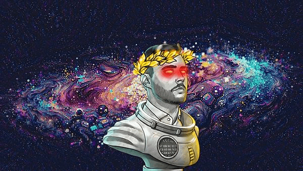 A digital illustration shows a figure in a spacesuit with glowing red eyes and a golden laurel wreath, set against a vibrant cosmic background of swirling galaxies and stars.