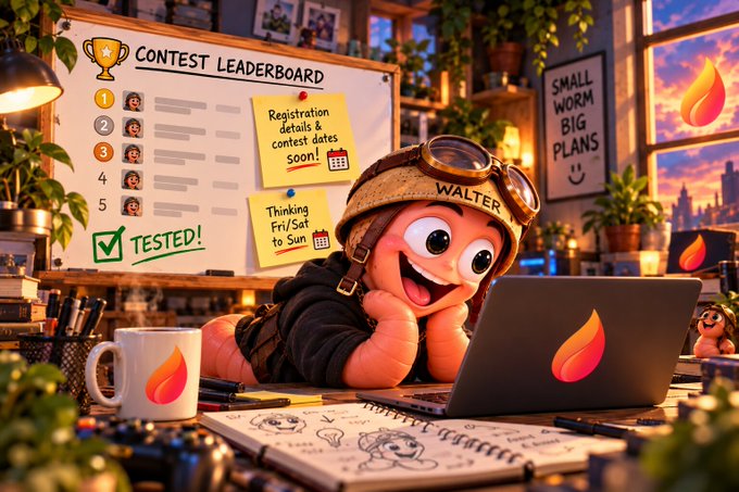 An animated scene showing a cartoon worm character named Walter wearing aviator goggles and lying on a desk with a laptop, in front of a 'Contest Leaderboard' whiteboard that includes notes about 'Registration details & contest dates soon!' and 'Thinking Fri/Sat to Sun'.