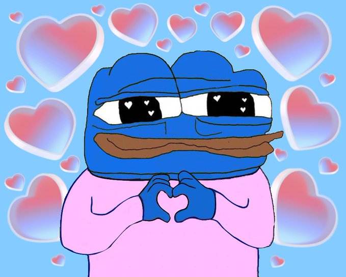 The image shows a blue Pepe the Frog character with heart-shaped eyes forming a heart with its hands against a background of floating pink and blue hearts. This wholesome, lovestruck Pepe reinforces the post's message of being "caught in 4K supporting Zer," visually expressing enthusiastic affection and support for "Zer."