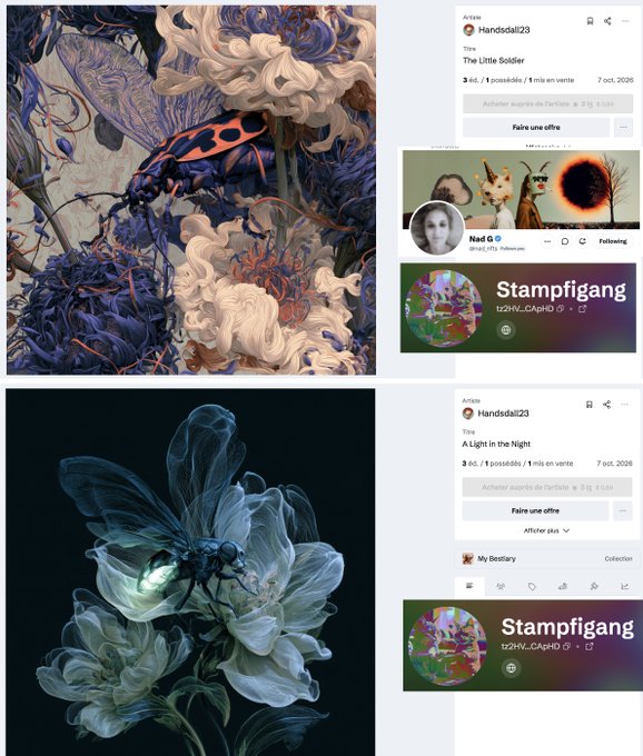 Two pieces of digital artwork by artist 'Handsdall23' titled 'The Little Soldier' and 'A Light in the Night' are displayed alongside NFT marketplace interface elements and user profile cards.