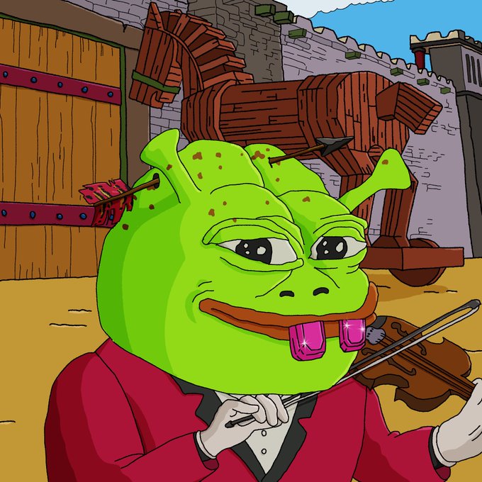 Pepe the Frog meme depicted in Shrek-like medieval attire wearing a red tuxedo jacket and playing a violin in front of a castle with wooden siege equipment.