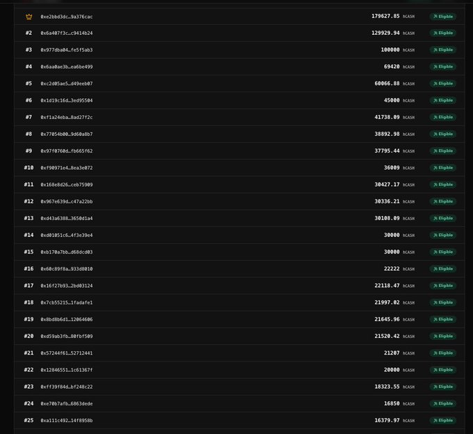 A dark-themed leaderboard or holdings list displaying wallet addresses ranked #1 through #25 with corresponding USDT balances, each marked with a '% Eligible' badge.