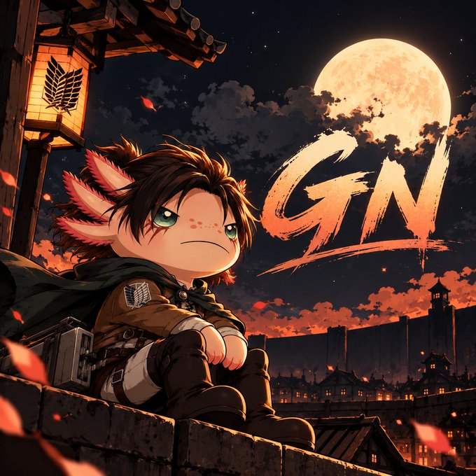 An anime-style illustration of a chibi character with brown hair and animal ears sitting on a rooftop at night, with a full moon, a glowing lantern, and stylized 'GN' text in the sky.
