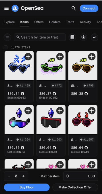An OpenSea marketplace screenshot displaying 1,776 NFT items, predominantly pixel-art sunglasses with various designs, priced around $86.34-$86.64, with options to "Buy Floor" or "Make Collection Offer."