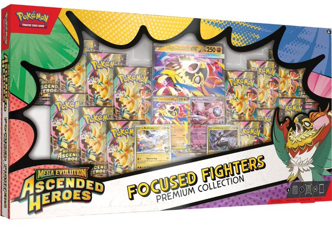 A Pokémon TCG "Mega Evolution Ascended Heroes Focused Fighters Premium Collection" box is displayed, featuring various booster packs and what appears to be a Raichu card prominently featured. The collection box likely contributed to overwhelming excitement at a store, humorously suggesting they "broke" someone named Sam with the sheer appeal of this premium Pokémon merchandise.