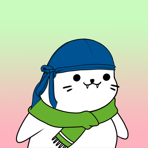 An illustration of a cute white cartoon character wearing a blue headscarf/bandana tied at the side and a green scarf, with small fangs, set against a pastel gradient background.