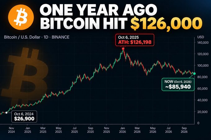 Bitcoin price chart showing a one-year comparison where Bitcoin hit an all-time high (ATH) of $126,198 on Oct 6, 2025, starting from $26,900 on Oct 6, 2024, and currently sitting around $85,940 on Oct 6, 2026.