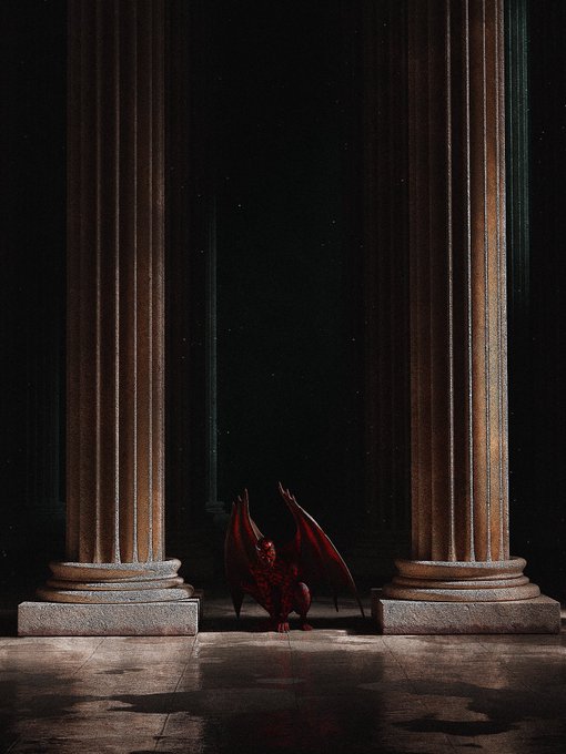 A dark, moody illustration shows a small red dragon-like creature with wings sitting on the floor between two large stone columns in a dimly lit hall.