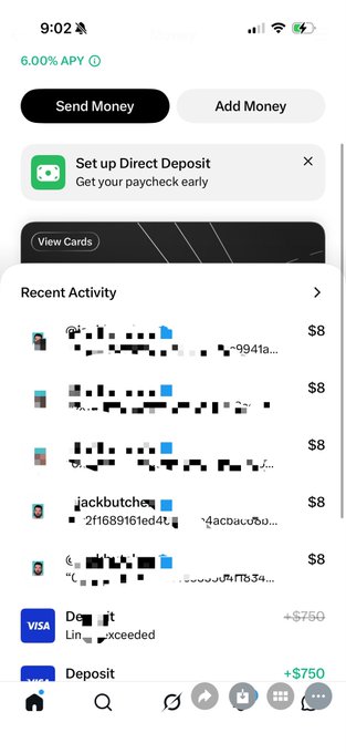 A Cash App transaction history showing multiple recent activity entries, with a successful "+$750 Deposit" visible at the bottom, which appears to illustrate the receipt of a cryptocurrency payment made to the address 0xbcae41cb0dd02441f95e7f5cb0d6750540e6c84f advertised for sale in the accompanying post.
