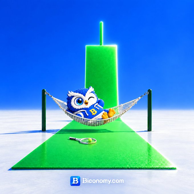 A 3D render shows a blue owl character relaxing in a hammock on a green pathway, with a tennis racket and ball nearby, branded with 'B Biconomy.com' at the bottom.