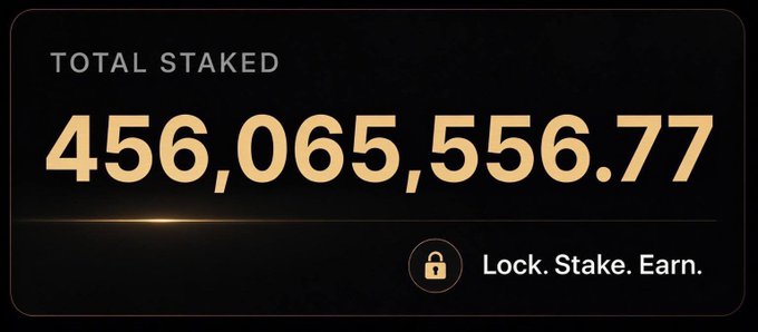 A black promotional graphic displaying 'TOTAL STAKED 456,065,556.77' with the tagline 'Lock. Stake. Earn.' and a padlock icon.