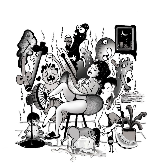 A surreal black-and-white illustration showing a disheveled woman surrounded by heat-stricken, sweating characters and melting objects like a clock, watermelon, and ice cream, evoking the oppressive feeling of a summer heatwave. The chaotic, dripping imagery ties directly to the post's theme of shedding layers in the summer heat.