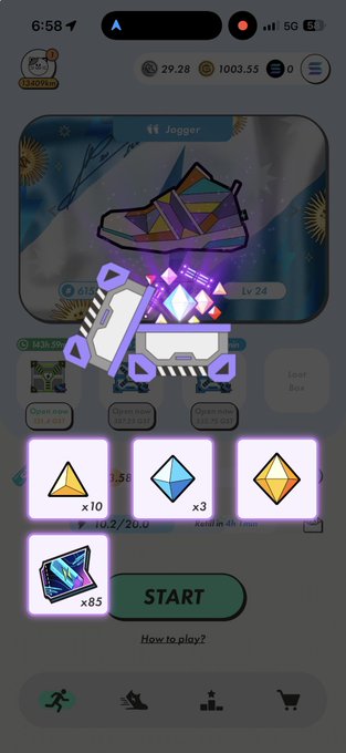 A mobile app screen showing a 'Jogger' sneaker NFT at Level 24, with reward options including x10 yellow gems, x3 blue gems, and a crystal card x85, plus a green START button.