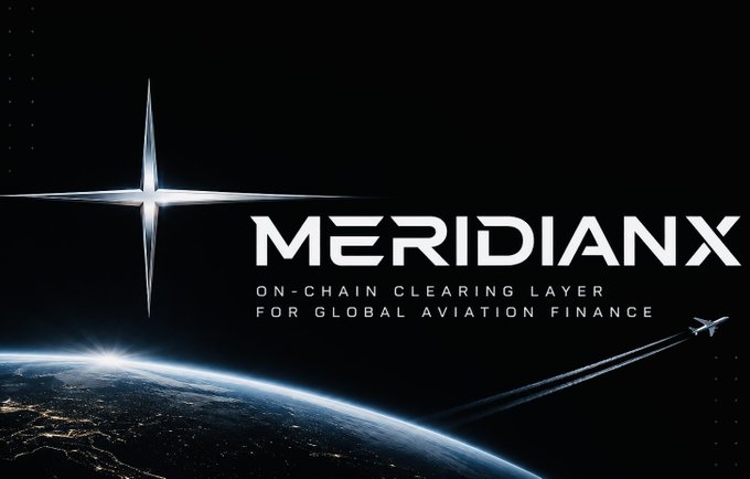 A dark space-themed promotional graphic for 'MERIDIANX', described as the 'ON-CHAIN CLEARING LAYER FOR GLOBAL AVIATION FINANCE', featuring a star logo and an airplane flying over Earth.