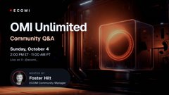 An event promotional graphic for an 'OMI Unlimited Community Q&A' hosted by Foster Hill on Sunday, October 8, displayed on a smartphone with a neon-lit background.