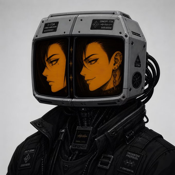 A figure in dark tactical gear wears a large CRT-style helmet displaying a split orange portrait of a woman in profile, with visible labels including "C-1734," "CONCEPT 1734," "SPLIT SIGNAL," "TRISISTER PROTOCOL," and ">> CONFIDENTIAL." The dual-screen "Split Signal" motif and eerie faceless avatar align with the post's "Screenz #14" NFT drop by @RealPapii, evoking a cyberpunk surveillance aesthetic.