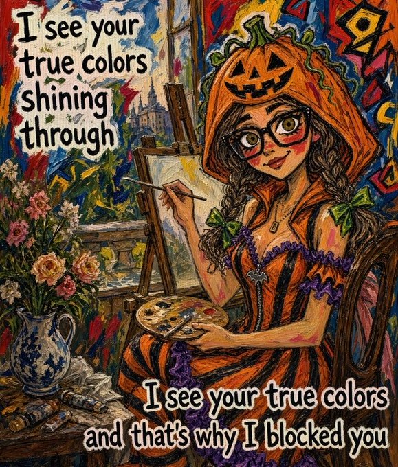 A vibrant Van Gogh-style painting shows a girl in a pumpkin hood and striped dress painting at an easel, with the text "I see your true colors shining through" at the top and "I see your true colors and that's why I blocked you" at the bottom.

The reference to seeing "true colors" cleverly plays on the meme about people revealing their true nature—fitting for crypto/NFT spaces where projects often show their real intentions over time, especially relevant to promoting upcoming mints like Hazels where community trust matters.