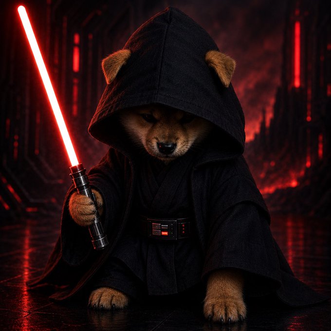 A digital artwork depicts a small bear-like creature dressed in a black hooded robe resembling a Star Wars Sith, wielding a red lightsaber against a dark, ominous red-lit background.