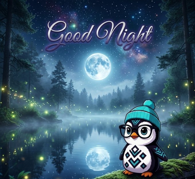 An illustrated scene with a cartoon penguin wearing glasses and a beanie in the foreground, set against a starry night sky with a full moon over a forest lake, with the text 'Good Night'.