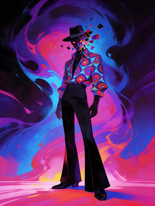 A digital illustration depicts a figure wearing a fedora and a psychedelic patterned shirt, with a fragmented, glitching face that reveals glowing red eyes, set against a swirling purple and blue background.