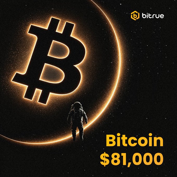 An astronaut stands before a glowing Bitcoin symbol against a dark cosmic backdrop, with text reading "Bitcoin $81,000" and the Bitrue logo. The image visually celebrates Bitcoin's milestone of reclaiming the $81,000 price level, reinforcing the post's excitement about this achievement and the question of what lies ahead for crypto.