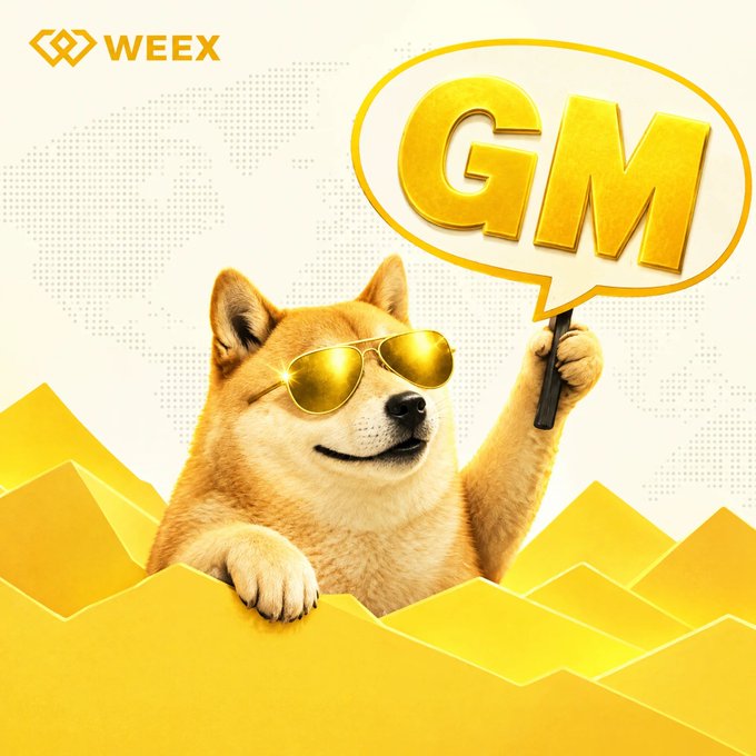 A promotional graphic for 'WEEX' featuring a Shiba Inu dog wearing gold sunglasses and holding a speech bubble sign that says 'GM' against a yellow background.