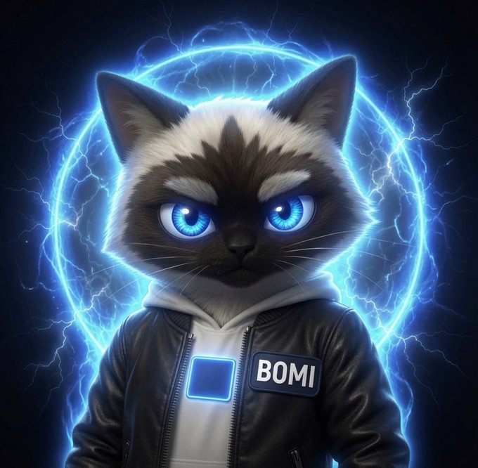 A digital illustration of a Siamese cat with glowing blue eyes wearing a black leather jacket over a hoodie with 'BOMI' branding, set against a dark background with blue lightning and a glowing circular energy ring.