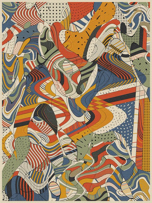 A vibrant, abstract digital artwork featuring densely layered, flowing shapes in a bold palette of red, blue, orange, green, and cream, filled with intricate line patterns, dots, and textures. The swirling, organic composition visually echoes the energetic, one-of-a-kind energy of the 1/1 NFT drop being promoted on Transient Labs.