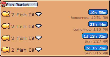 A 'Fish Market' trading interface showing four slots of '2 Fish Oil' with countdown timers ranging from 10h 56m to 2d 1h 20m.