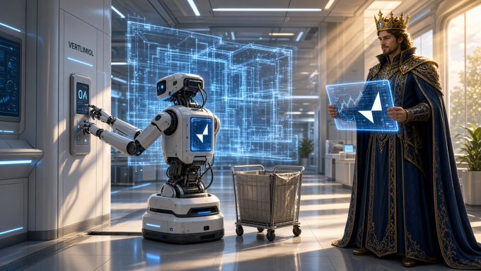 A sci-fi scene shows a robot pressing a button labeled '0A' near 'VERTUMOL' signage while a king in regal blue robes and a crown holds a holographic display.