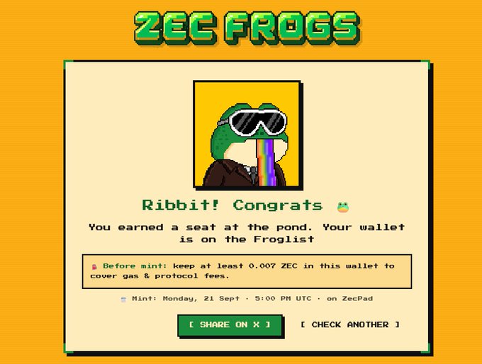 A webpage from Zec Frogs displays 'Ribbit! Congrats' with pixel art of a frog wearing sunglasses, announcing that the user earned a seat at the pond with their wallet now on the Froglist, including a mint date of Monday, 21 Sept, 5:00 PM UTC on ZecPad.