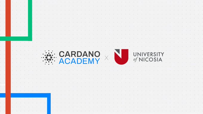 Promotional graphic for Cardano Academy and the University of Nicosia, featuring their logos and a collaboration mark. It relates to a free online university Blockchain and Digital Assets course on Cardano fundamentals and the eUTxO model.