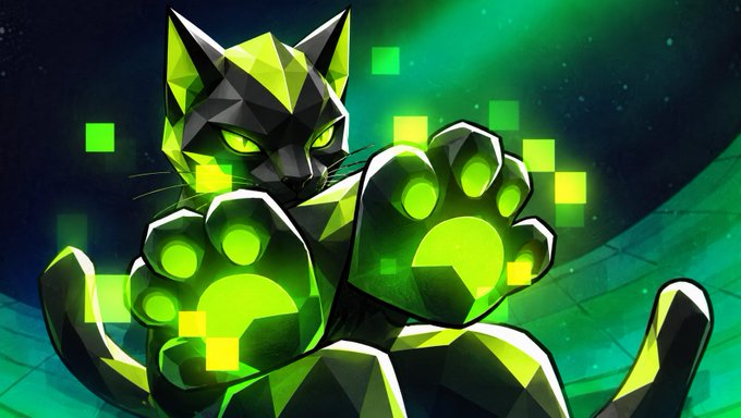 A stylized digital illustration of a black cat with glowing green eyes and paws featuring bright green paw prints, set against a dark green background with pixelated light effects.
