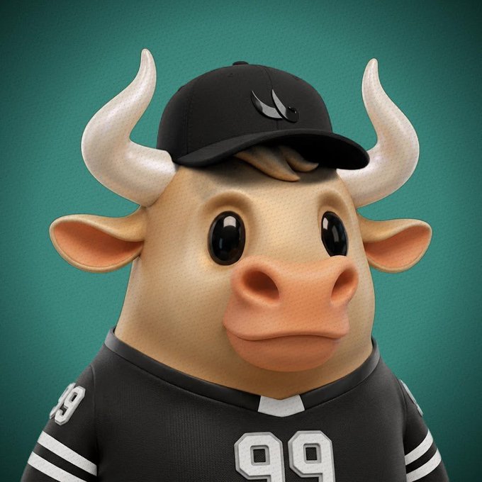 A 3D-rendered anthropomorphic cow character wearing a black baseball cap and a black sports jersey with the number 99, set against a teal background.