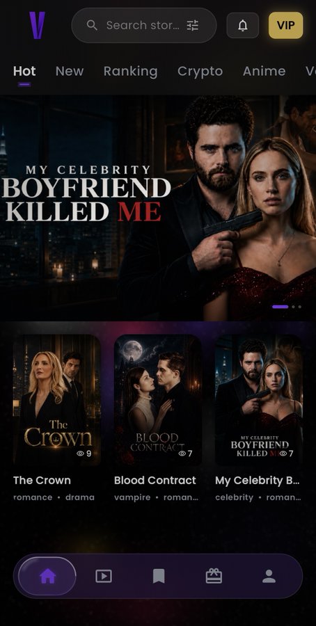 A mobile app interface for a storytelling platform showing a featured story "MY CELEBRITY BOYFRIEND KILLED ME" under the "Hot" tab, along with other stories titled "The Crown" (romance, drama), "Blood Contract" (vampire, roman...), and "My Celebrity B..." (celebrity, roman...).
