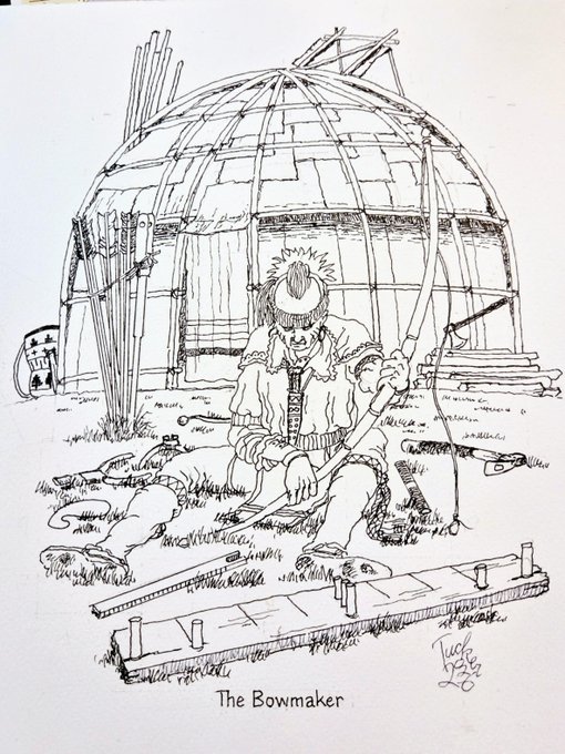 A detailed black and white pen and ink illustration titled 'The Bowmaker,' signed 'Lucia 9/25/22,' depicting a person in traditional dress crafting a bow inside a dome-shaped structure with various tools scattered around them.