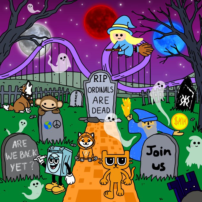 A cartoon graveyard scene features whimsical characters including a witch, ghosts, animals, and personified computers, with tombstones reading "RIP ORDINALS ARE DEAD," "ARE WE BACK YET?," and "Join us," alongside a Bitcoin (₿) symbol — humorously dramatizing the cycle of "ordinals are dead" declarations within the Bitcoin Ordinals community.