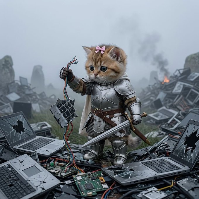A kitten in medieval knight armor stands triumphantly over a battlefield of shattered laptops, holding up a torn key from a broken keyboard and a sword, with $BUN visible on the key—visually symbolizing the post's message that "$BUN" is the solution to the "extinction event" of broken laptop keys.